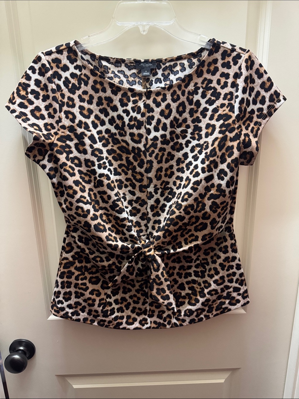Ann Taylor Factory Leopard Tie-Front Short Sleeve Top - Black & Tan